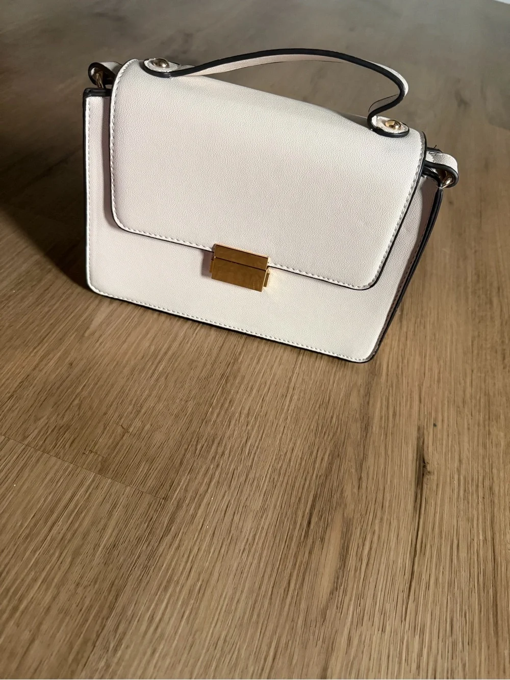 Structured White Top-Handle Satchel with Gold Accent